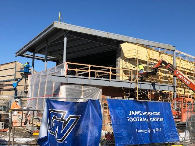 A photo of the outside of the Jamie Hosford Football Center under construction.